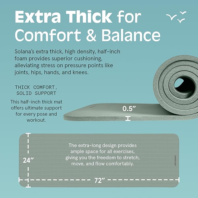 Retrospec Solana Yoga Mat 1/2" Thick w/Nylon Strap for Men & Women - Non Slip Exercise Mat for Yoga, Pilates, Stretching, Floor & Fitness Workouts - Bloomnest