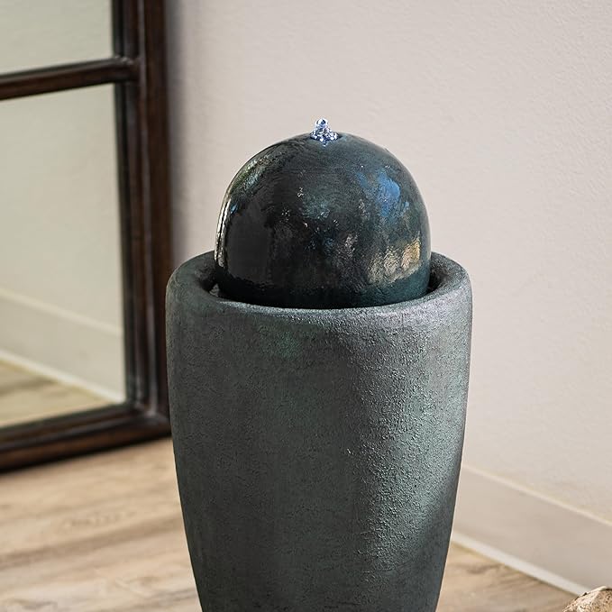 XBrand 25.98" H Round Stone Indoor/Outdoor Modern Stone Textured Sphere Water Fountain w/LED Lights, Dark Green - Bloomnest