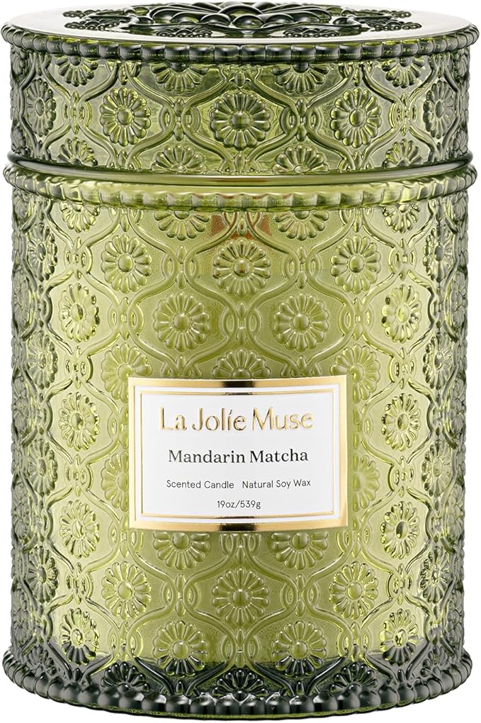 LA JOLIE MUSE Mandarin Matcha Candle - Bergamot, Matcha, Cedarwood | 19 oz Large Wooden Wick Candles | Natural Soy Wax | 90 Hours Clean Burn | Fresh Citrus Candle | Gift-Ready for Hosts - Bloomnest