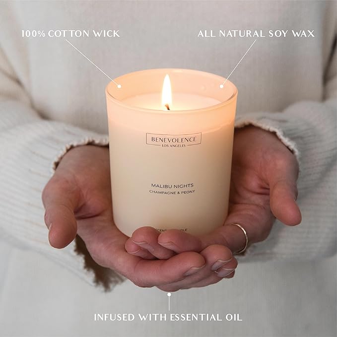 Champagne & Peony – Benevolence LA Scented Candle | 8oz, 45-Hour Burn | Natural Soy Wax, Cotton Wick | Romantic & Elegant Home Fragrance | Malibu Sands Collection – Gift for Women & Men - Bloomnest