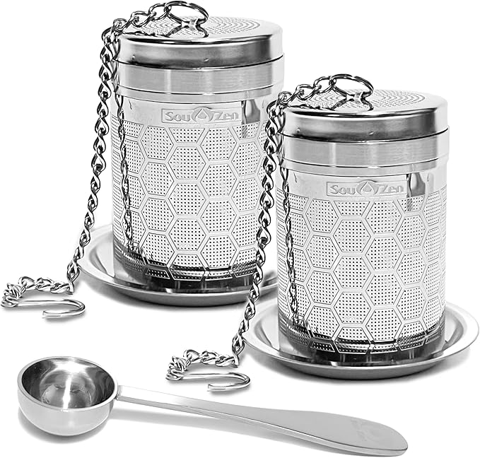 Sou Zen Tea Infuser (2 Pack & Teaspoon Scoop) | Extra Fine Hex Mesh Loose Leaf Tea Strainers | 304 Stainless Steel Tea Steeper with Extended Chain Hook | Perfect for Brewing Loose Tea, Herbs & Spices - Bloomnest