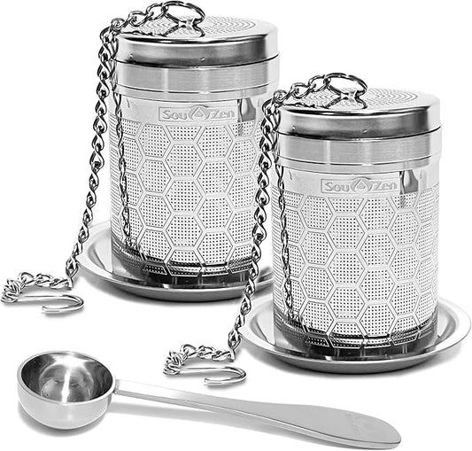 Sou Zen Tea Infuser (2 Pack & Teaspoon Scoop) | Extra Fine Hex Mesh Loose Leaf Tea Strainers | 304 Stainless Steel Tea Steeper with Extended Chain Hook | Perfect for Brewing Loose Tea, Herbs & Spices - Bloomnest