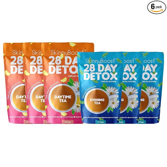 SkinnyBoost 28 Day Detox Tea Kit – Natural Cleansing & Bloating Support – 3 Pack - 28 Daytime Tea Bags & 14 Evening Tea Bags – Green Tea & Herbal Blend – Non-GMO, Vegan, Keto-Friendly, Sugar-Free - Bloomnest