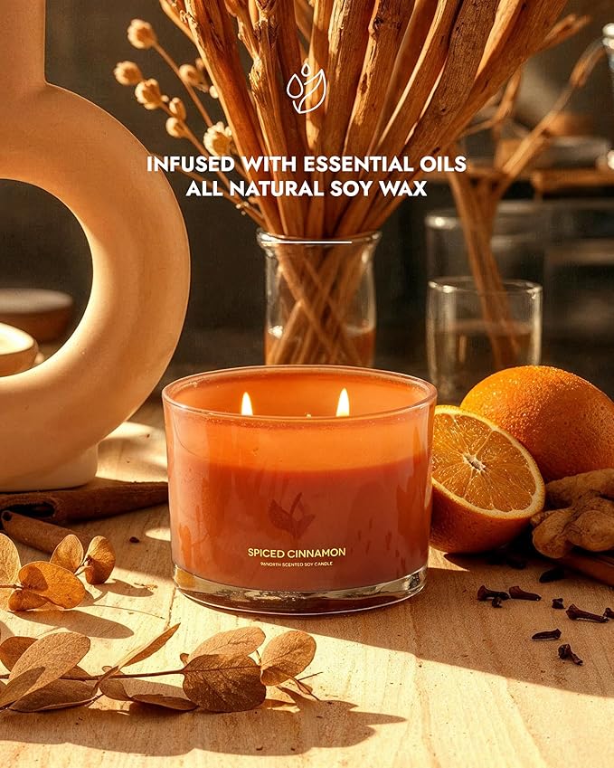 96NORTH Luxury Spiced Cinnamon Candle | Large 3 Wick Jar Candle | Up to 50 Hours Burning Time | 100% Natural Soy Wax | Relaxing Aromatherapy Aesthetic Candles | Housewarming Gift for Men and Women - Bloomnest