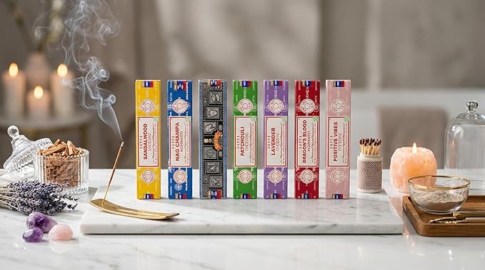Satya Incense Gift Set Nag Champa, Super hit, Dragon's Blood, Sandalwood, Patchouli, Lavender, Positive Vibes, 15 g Satya