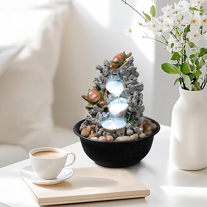 Indoor Tabletop Turtle Water Fountain with LED Light – Coastal Sea Life Desk Waterfall Feature with Soothing Sounds and River Rocks, Ocean Zen Decor for Home Office - Bloomnest