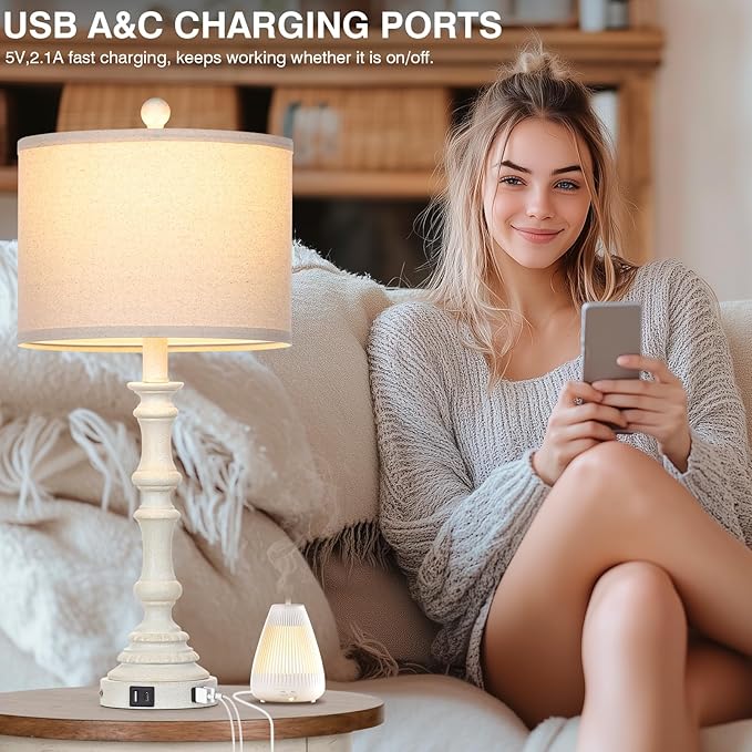27.5" Farmhouse Table Lamps Set of 2 with USB C+A Ports & AC Outlet for Vintage Living Room Retro Bedroom,3-Way Dimmable Touch Lamp Resin Bedside Lamps for Nightstand Side End Table,White-1 - Bloomnest