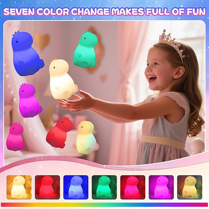 Night Light for Kids, Rechargeable Dimmable Silicone LED Nightlight with 7 Colors, Baby Nursery Night Lamp, Touch Squishy Lamp, Cute Gifts for Girls, Boys, Toddler Room Decor, Dinosaur - Bloomnest