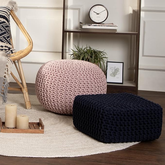 REDEARTH · Cube Low Pouf Foot Stool Ottoman - Hand Knitted Poof - Cord Boho Pouffe - Home Décor - Stuffed Footrest for Living Room - Nursery - Bedroom - Patio (16" x 16" x 8") - Navy Blue - Bloomnest
