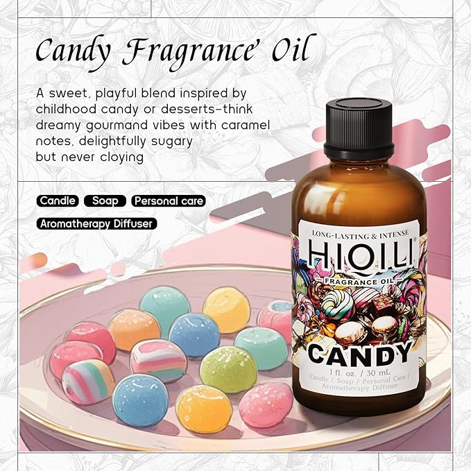 HIQILI Candy Fragrance Oil for Diffusers for Home, Sweet Scent, Perfect for Soap & Candle Making, Long-Lasting - 1 Fl Oz HIQILI