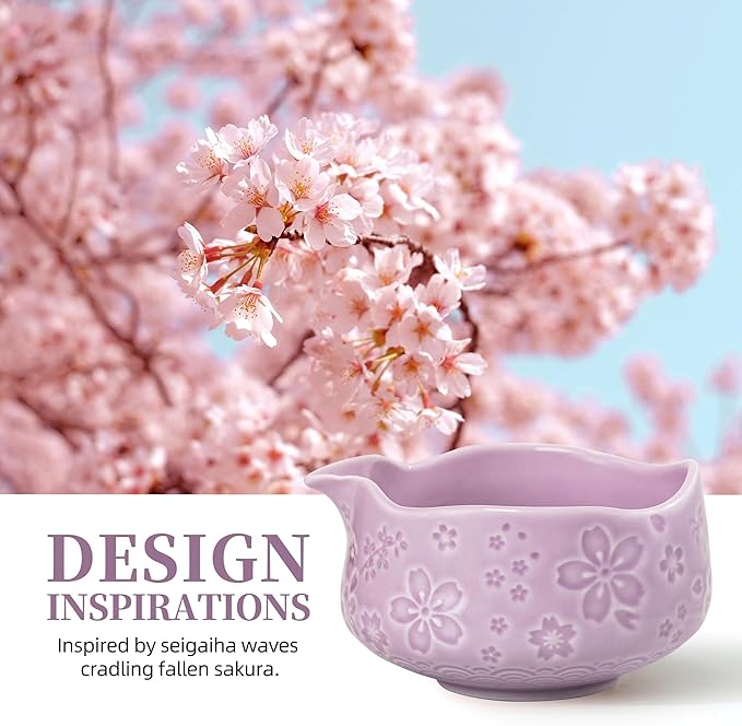 TEANAGOO 7-PCS Purple Matcha Whisk Set with Cherry Blossom Design, Complete Ceremony Kit, Ceramic Chawan Bowl with Spout, Whisk & Accessories, Traditional Matcha Tea Set for Lattes& Gift Giving - Bloomnest