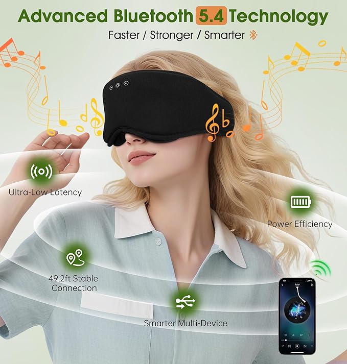 LC-dolida Bamboo Cotton Bluetooth Sleep Mask, 2 in 1 3D Soft Sleep Mask with Sleep Headphones, Sleep Eye Mask with Timming Setting, Blackout Sleeping Mask for Side Sleepers, Women Men, Black - Bloomnest