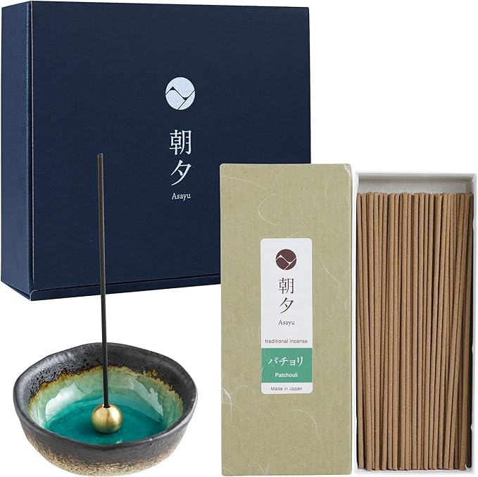 Asayu Japan Traditional Smoke Gift Set with Incense Holder and Brass Stand, Patchouli Incense Sticks with Mini Aquamarine