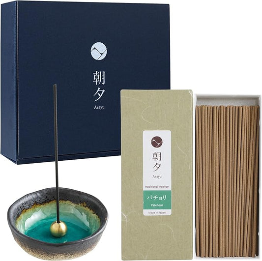 Asayu Japan Traditional Smoke Gift Set with Incense Holder and Brass Stand, Patchouli Incense Sticks with Mini Aquamarine