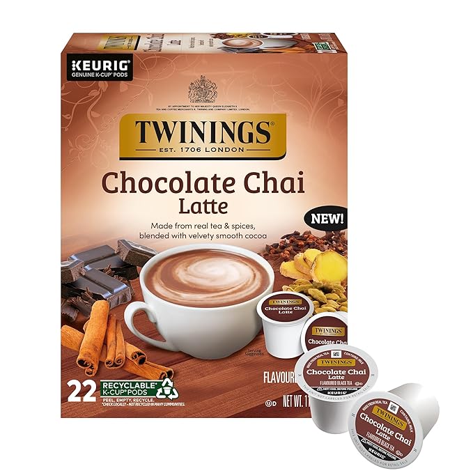 NEW Twinings Chocolate Chai Latte Tea K-Cup Pods for Keurig, 22 Count (Pack of 1), Velvety Smooth Cocoa with Real Spiced Tea, Caffeinated, Enjoy Hot or Iced - Bloomnest