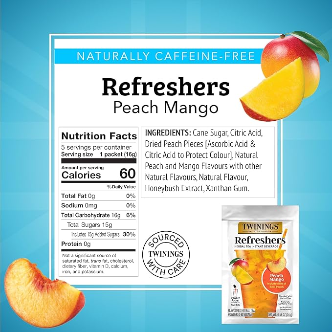 NEW Twinings Peach Mango Refreshers, Herbal Tea Instant Beverage with Real Peach Fruit Bits, 5 Count (Pack of 1), Café Style, No Artificial Sweeteners, Naturally Caffeine-Free Refreshment, 5 Packets - Bloomnest