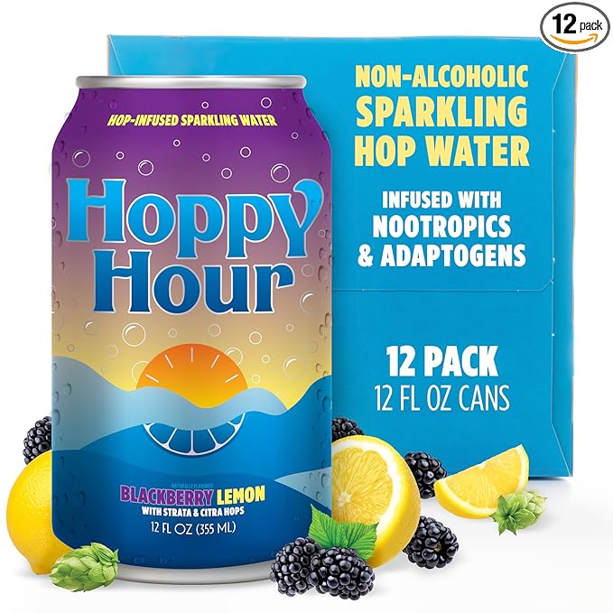 Hoppy Hour Sparkling Hop Water, Non-Alcoholic and Adaptogens Drink, Zero Sugar and Calories, Refreshing Blackberry Lemon Flavor, 12 oz Cans (12-Pack) - Bloomnest
