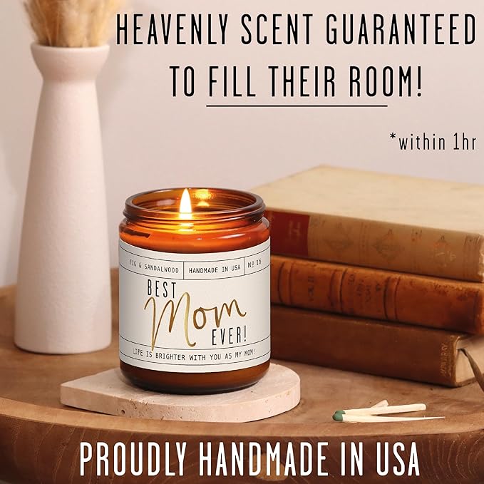 Mothers Day Gifts for Mom, Mom Gifts From Daughter or Son - 'Best Mom Ever' Soy Candle, w/Fig & Sandalwood I Mom Birthday Gifts from Son Ideas I 50Hr Burn, USA Made - Bloomnest