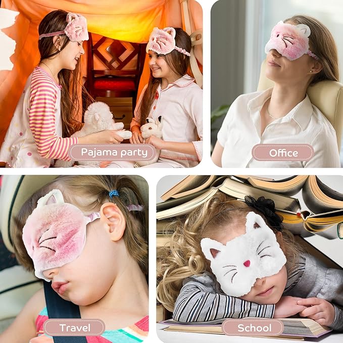 3 Pieces Sleep Mask for Kids, Girls Plush Sleeping Eye Cover Soft Eye Blindfold Cover Animal Shade for Kids(White, Pink and Rainbow Color,Cat Style) - Bloomnest