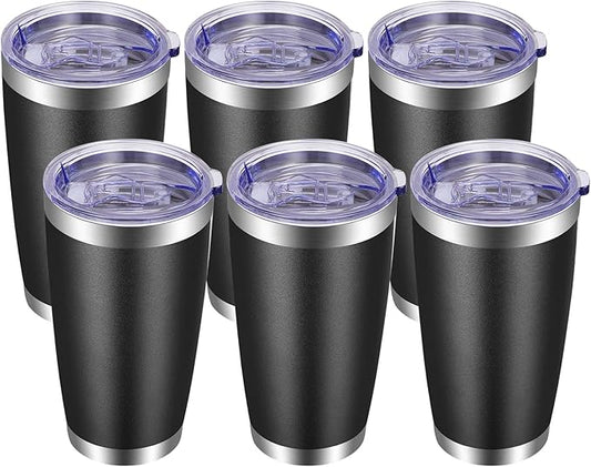 VEGOND 20oz Tumbler with Lid and Straw Stainless Steel Tumbler Cup Bulk Vacuum Insulated Double Wall Travel Coffee Mug Powder Coated Coffee Cup(Black 6 Pack