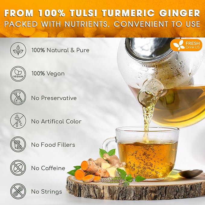 FreshDrinkUS, Premium 75 Tulsi Turmeric Ginger Tea Bags, 100% Natural & Pure from Tulsi Holy Basil Leaves, Turmeric and Ginger. Made with Natural Material Tea Bags. No Sugar, No Caffeine, Vegan. - Bloomnest
