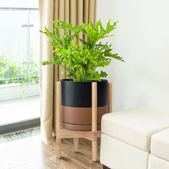 D'vine Dev Ceramic Planter with Natural Stand - 10 Inch Modern Round Flower Pot with Wood Planter Holder, Black/Speckled Tan, 55-B-K-7 - Bloomnest