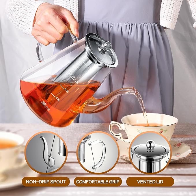 1500ml Glass Teapot, Large Tea Pot with Infuser for Loose Tea and Blooming Tea, Stovetop Safe Tea Kettle, Hand Crafted Borosilicate Glass Tea Maker with Scale Line, Tea Gift Set for Tea Lovers - Bloomnest