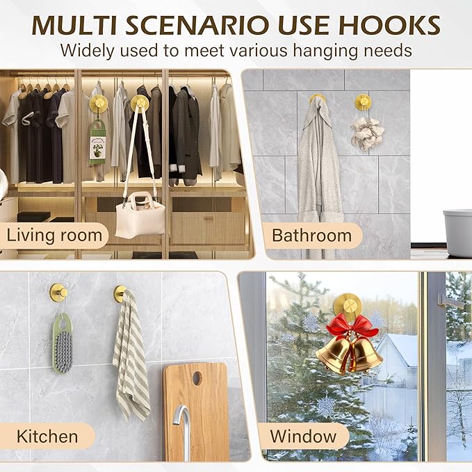 Shower Suction Cup Hooks, Heavy Duty Bathroom Wall Hooks for Towels, Robes, Loofahs, Removable Metal Hook for Tile Glass Mirror, No Drill(4 Pack, Gold) - Bloomnest
