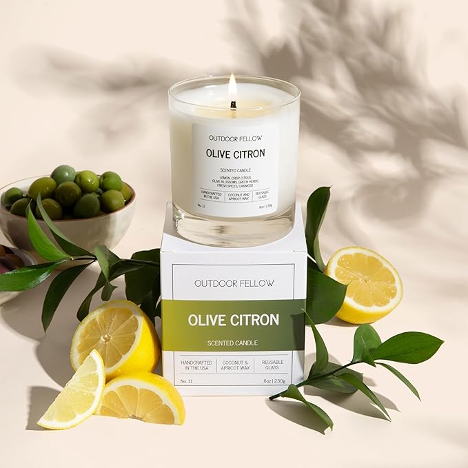 Outdoor Fellow Olive Citron Scented Candle – Highly Scented 8oz Jar Candle with Lemon, Citrus & Herbs – Non Toxic, Long Lasting Fragrance for Lemon Decor Accent in Home or Kitchen - Bloomnest