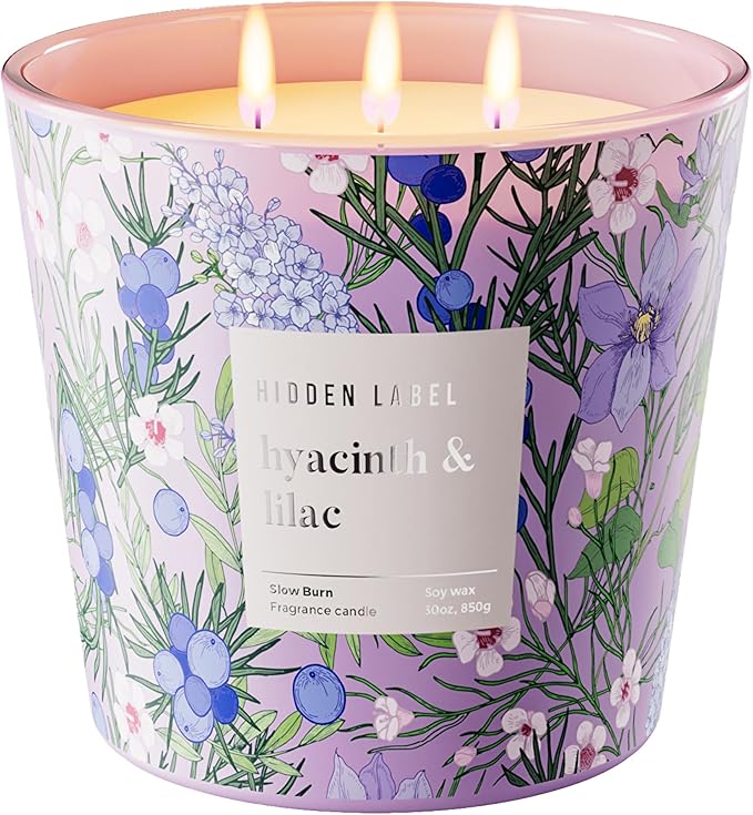 Hidden Label Hyacinth & Lilac Soy Candle, 3 Wick Large Candles for Home Scented, 30oz Natural Soy Candles Non Toxic, 100 Hour Burn Time, Aromatherapy Candle for Stress Relief, SPA, Larger Rooms - Bloomnest