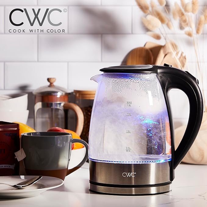 COOK WITH COLOR Electric Tea Kettle, 1.8L Cordless Hot Water Boiler, 1200W Rapid Boil, Auto Shutoff & Boil Dry Protection, BPA-Free, Sleek Countertop Design, Black - Bloomnest