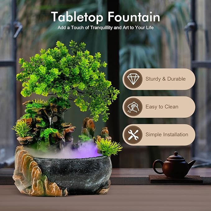 Water Fountains Indoor Tabletop Fountains Indoor Relaxation Desktop Fountain Waterfall, Desktop Fountain with LED Lights & Atomizer, Waterfall Fountain Tabletop Decor Desktop Fountains