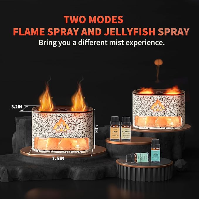 BOHOFAM Essential Oil Diffuser with Himalayan Salt lamp,Double Flame/Jellyfish 2 Mode Aroma Diffuser/Humidifier, Colorful Lights,4 * 10ML Hotel Collection Diffuser Oils Scents,for Home Bedroom(White)