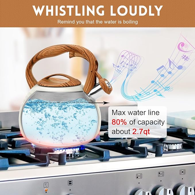 GGC Tea Kettle for Stove Top, Loud Whistling Kettle for Boiling Water Coffee or Milk, 3.1 Quart 3L Heavy Stainless Steel White Kettles with Wood Pattern Handle, Unique Button Control Kettle Outle - Bloomnest