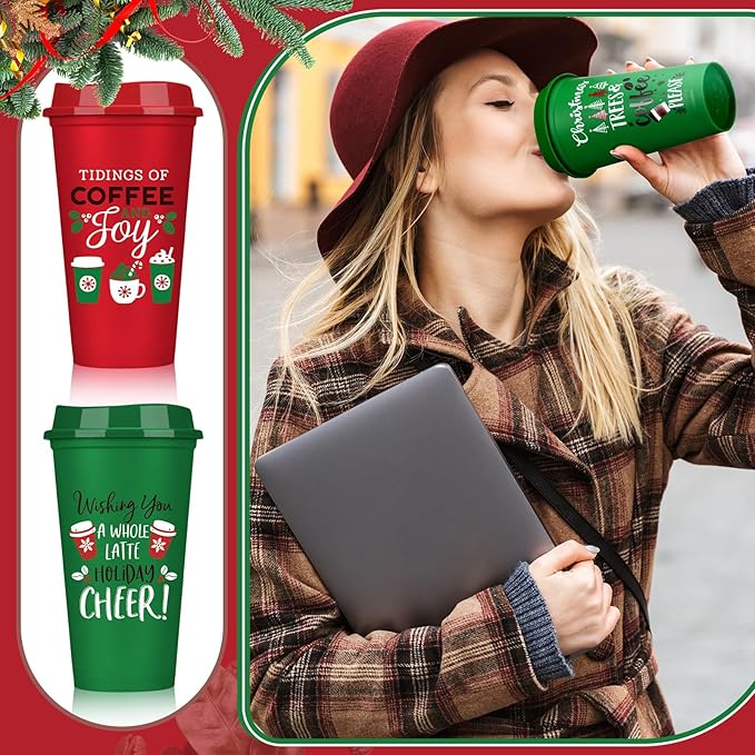 Pickmesh 12 Pack Christmas Coffee Cups Gifts Bulk 16 oz Reusable Coffee Cup Tumblers with Lid Plastic Cups Travel Mug Thank You Gifts for Women Coworkers Holiday Drinks - Bloomnest
