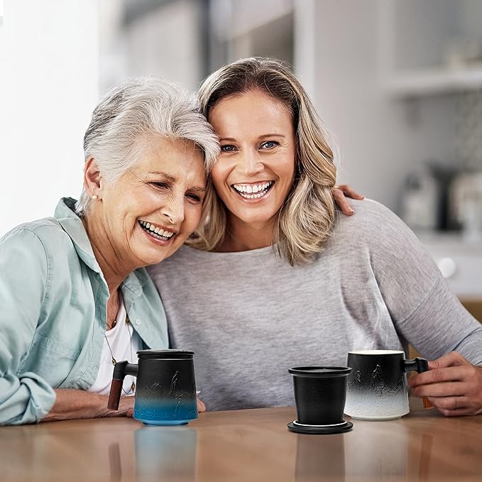 suyika Ceramic Tea Cup with Infuser and Lid, Gradient Embossed Large Tea Mug Wooden Handle for Steeping Loose Leaf, Tea Lover Gifts 15.2 oz / 450 ml,Matte Black