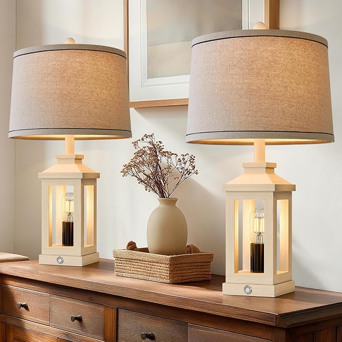 BOBOMOMO 23.75" Antique White Farmhouse Table Lamps Set of 2 – Vintage Nightstand Lamps with 3 Way Dimmable Touch Control Night Light & USB A+C Ports, Rustic Lamps for Bedroom, Living Room, Hallway