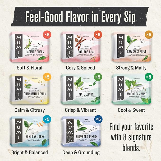 Numi Organic Tea By Mood Gift Set, 40 Tea Bag Assortment, Premium Organic Black, Pu-erh, Green, Maté, Rooibos & Herbal Teas - Bloomnest