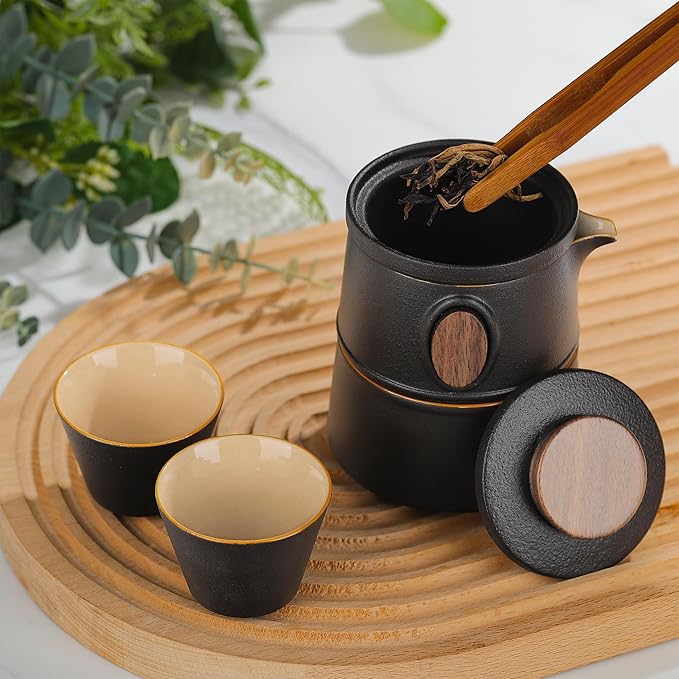 fanquare Travel Ceramic Tea Set, Chinese Gongfu Teapot with Infuser, 2 Small Cups 1 Master Cup and Portable Bag for Outdoor Use Convenient Tea Service, Black