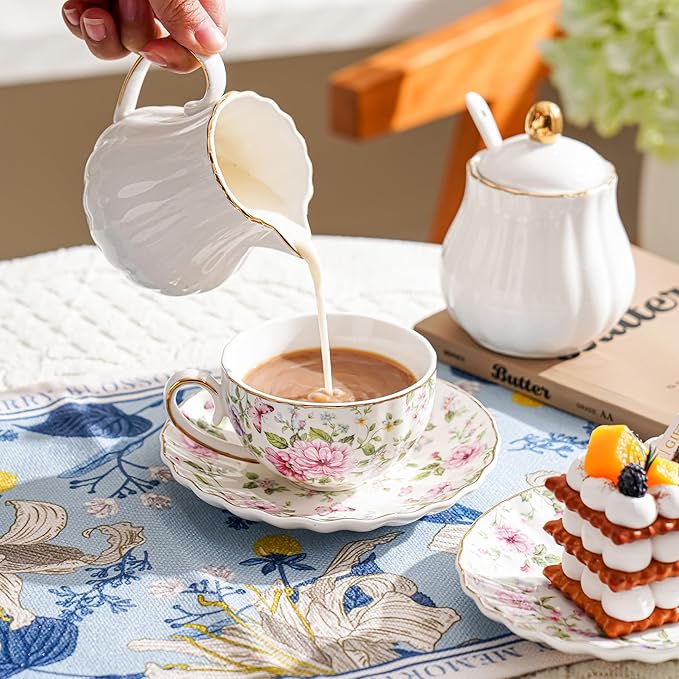 Tea Cup and Saucers, 6.4oz Floral Tea Cups with Gold Trim, Coffee Cappuccino Espresso Latte Mugs for Party Birthday,Christmas Gift (Pink and purple flowers) - Bloomnest