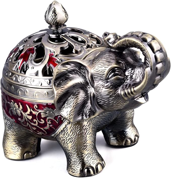 K COOL Metal Backflow Incense Holder Elephant Cone Incense Burner Candle Holder with Lid, Aromatherapy Ornament Home Office Decoration for Indoor Outdoor (Red) - Bloomnest