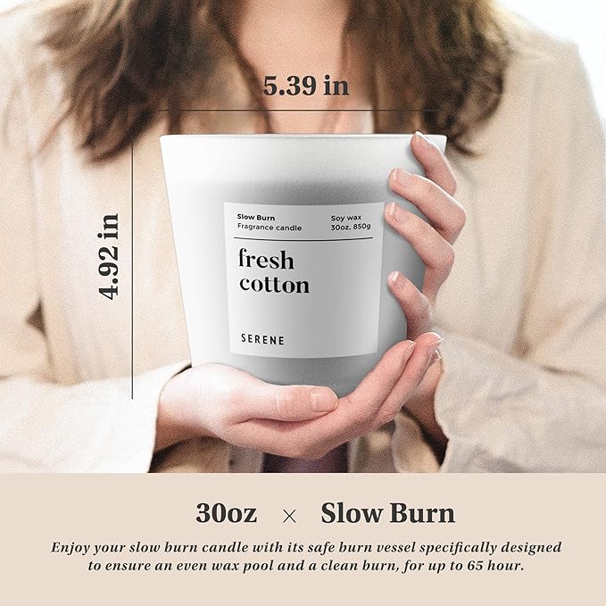 Hidden Label Large Scented Candle, Fresh Cotton, 30oz 3 Wick Huge Candle, Serene Collection Slow Burn Natural Soy Candles for Home Scented - Bloomnest