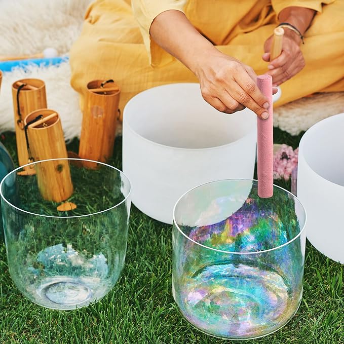 Nuanchu 5 Pcs Crystal Singing Bowl Mallet Set Includes Sheepskin Solid and Hollow Sound Sticks Singing Bowl Rubber Mallet with Wood Handle Clear Acrylic Striker for Playing (Pink) - Bloomnest