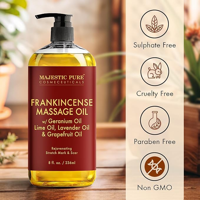 MAJESTIC PURE Frankincense Scar and Stretch Massage Oil for Massage Therapy - Refreshing, and Relaxing - Natural Oils with Frankincense Essential Oil - for All Skin Types - Men and Women - 8 fl oz - Bloomnest