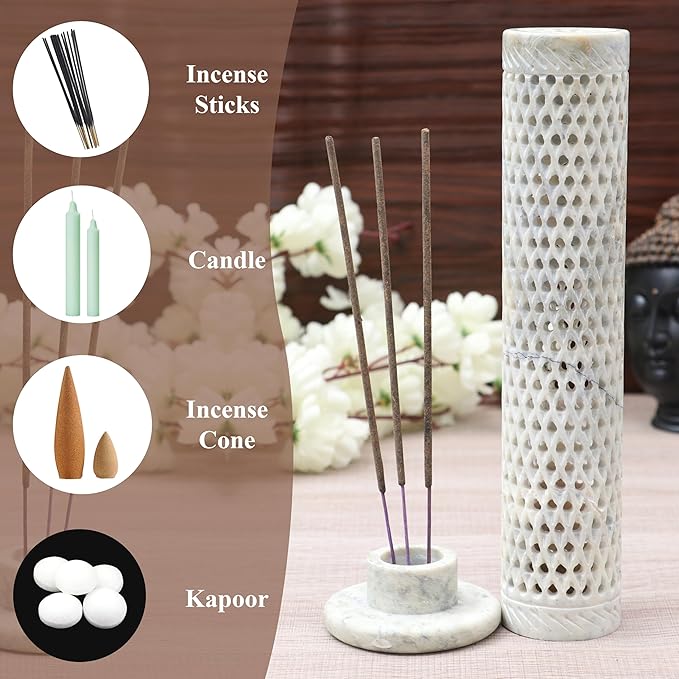 Crocon Handmade Incense Tower Candle Stick Holder Soapstone Tea Light Tower Burner | Candles Stand |Office Decor Room Fragrance Decorative Kitchen Home Spa Great Gift Set - 11X3X3 Inch