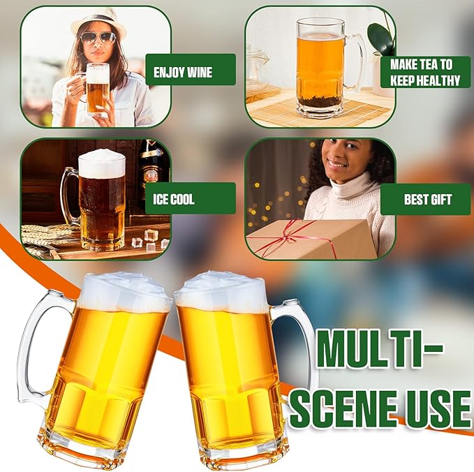 Set of 4 34 oz Extra Large Beer Mugs with Handles Glass German Clear Tall Heavy Beer Cups Steins Mugs Pint Weizen Glasses for Freezer Coffee Drinking Tea Water Cocktail Alcohol Beverages Pub - Bloomnest