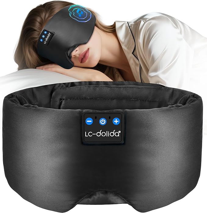 LC-dolida Luxurious Silk Soft Sleep Mask, Sleep Headphones with Bluetooth 5.4 for Side Sleeper, Total Blackout Eye Sleeping Mask for Women and Men, Ideal Gift for Restful Sleep, Travel(Black) - Bloomnest