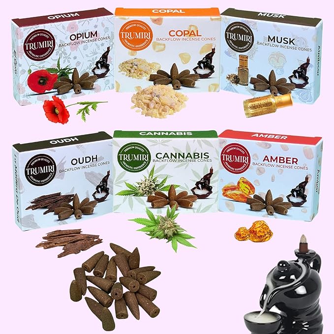Exotic - Backflow Incense Cones for Waterfall - Scented Inscents-Cones - Copal, Amber, Musk, Oud - Insiensos Aromaticos - 6x10=60 Large Variety Pack TRUMIRI