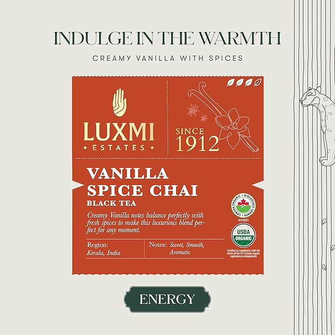 LUXMI Estates Vanilla Spice Chai 100Gm Loose Leaf Tin | Certified Organic Black Tea Leaf | Smooth, Flavorful, Robust, Caffeinated | Darjeeling & Assam Tea From India, 100 grams - Bloomnest