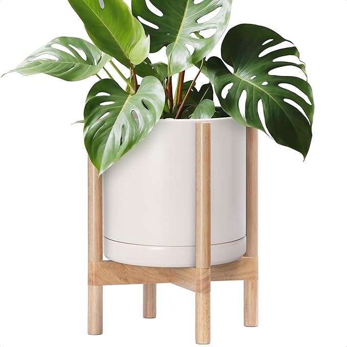 D'vine Dev Ceramic Planter with Natural Stand - 12 Inch Modern Round Flower Pot with Wood Planter Holder, Oatmeal, 55-B-J-8 - Bloomnest